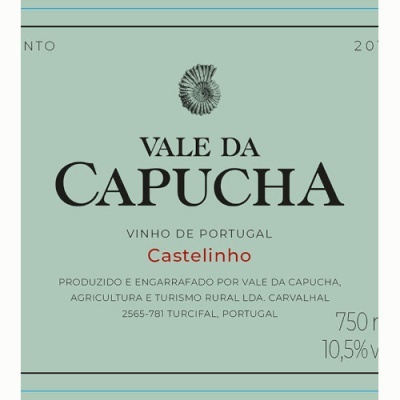 Etiqueta de vinho verde-água com texto informativo em preto e vermelho