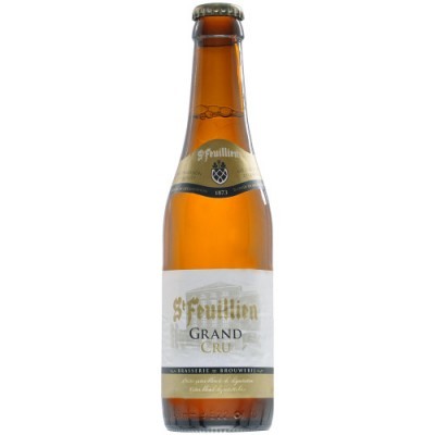 Garrafa de cerveja St Feuillien Grand Cru em vidro âmbar com rótulo branco e dourado