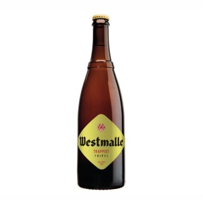 Garrafa de cerveja Westmalle Trappist Tripel com rótulo amarelo