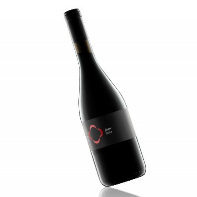Garrafa de vinho tinto com rótulo preto e vermelho