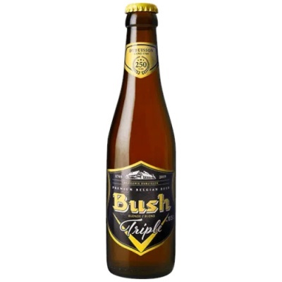Garrafa de cerveja Bush Triple com rótulo preto e amarelo