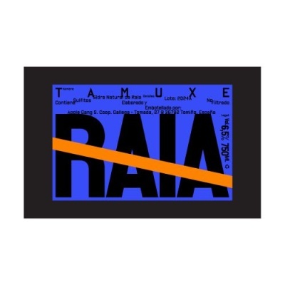 Etiqueta azul com texto preto RAIA e linha diagonal alaranjada