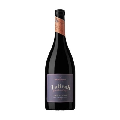 Garrafa de vinho tinto Zafirah com rótulo roxo e selo bronze