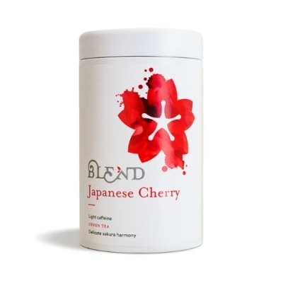 Lata branca de chá verde Japanese Cherry com desenho de flor vermelha