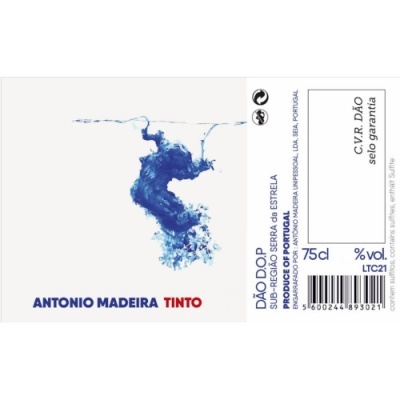 Rótulo de vinho tinto Antonio Madeira com design azul e texto colorido