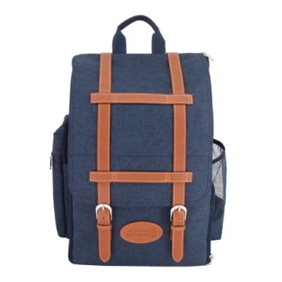 Mochila azul escura com tiras castanhas e bolso lateral em rede