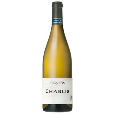 Garrafa de vinho branco Chablis com rótulo branco e cápsula azul