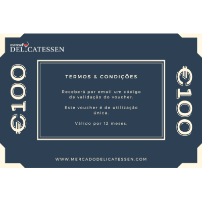 Voucher azul escuro da Merca Delicatessen no valor de €100 com termos e condições escritos em português