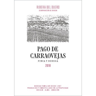 Etiqueta de vinho Pago de Carraovejas 2018 com imagem de vinha e texto detalhado
