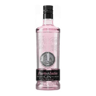 Garrafa de gin Puerto de Indias sabor Strawberry rosa com rótulo preto