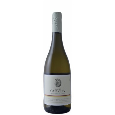 Garrafa de vinho branco Vale da Capucha com rótulo branco e tampa prateada