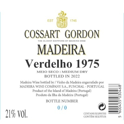 Etiqueta de vinho Madeira Cossart Gordon Verdelho 1975 meio seco engarrafado em 2022