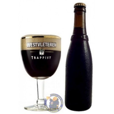 Garrafas de cerveja castanhas e copo de vidro com cerveja preta e espuma, texto WESTVLETEREN TRAPPIST