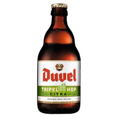 Cerveja Duvel Tripel Hop Citra em garrafa castanha com rótulo branco e verde
