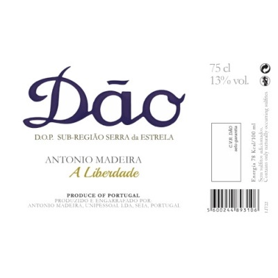 Etiqueta de vinho Dão com texto azul e dourado em fundo branco