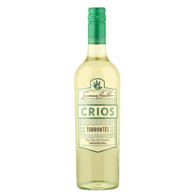 Garrafa de vinho branco Crios Torrontés com rótulo branco e verde e tampa verde