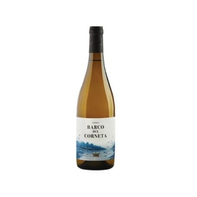 Garrafa de vinho branco com rótulo BARCO DEL CORNETA e imagem azul de barco