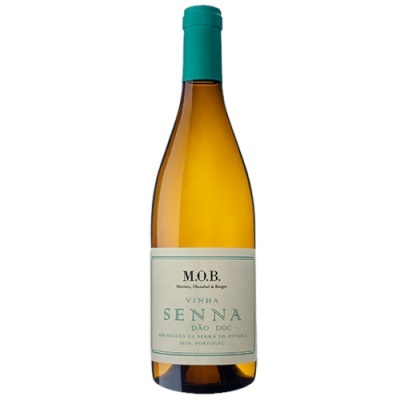 Garrafa de vinho branco M.O.B. com rótulo 'VINHA SENNA DÃO DOC' e tampa azul turquesa.