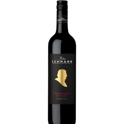 Garrafa de vinho tinto Peter Lehmann Stonewell Shiraz Barossa com rótulo preto e detalhe dourado