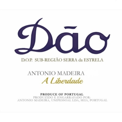 Etiqueta de produto com texto relacionado ao vinho Dão e produtor Antonio Madeira