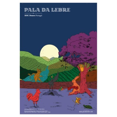 Cartaz ilustrado de paisagem rural com animais e texto PALA DA LEBRE DOC Douro Portugal