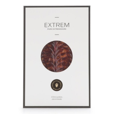 embalagem branca com presunto curado visível e texto EXTREM PURO EXTREMADURA