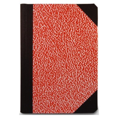 Caderno capa vermelha com padrão branco e detalhes pretos