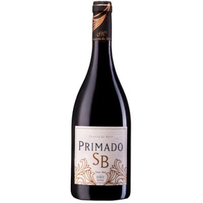 Garrafa de vinho tinto PRIMADO SB DÃO 2021 com rótulo branco e detalhes dourados.