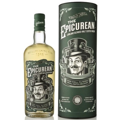 Garrafa e embalagem cilíndrica do whisky The Epicurean com rótulo ilustrado e texto