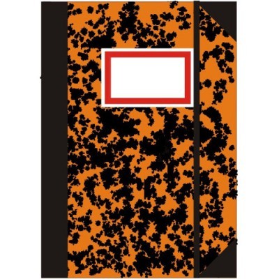 Caderno com capa laranja e padrão preto com etiqueta branca e borda vermelha