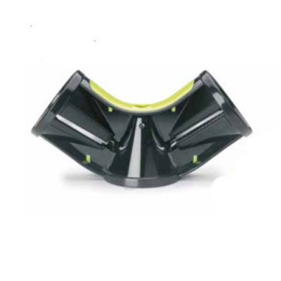 Suporte ou equipamento preto com detalhes amarelos e design curvado