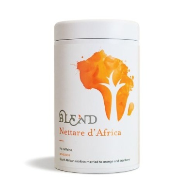 Lata branca de chá Blend Nettare d'Africa com ilustração laranja e texto
