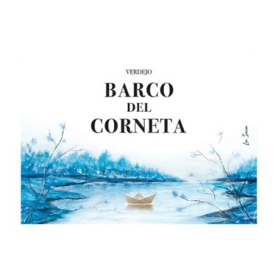 Rótulo de vinho branco com texto BARCO DEL CORNETA e ilustração azul de barco de papel num lago