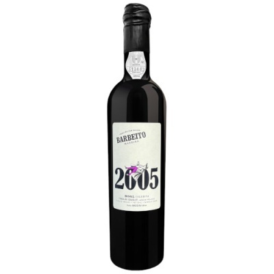 Garrafa de vinho tinto Barbeito 2005 com rótulo branco e cápsula preta
