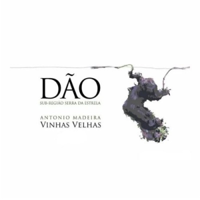 Etiqueta de vinho Dão com cachos de uvas roxas