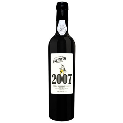 Garrafa preta de vinho tinto Barbeito 2007 com rótulo branco e selo na tampa