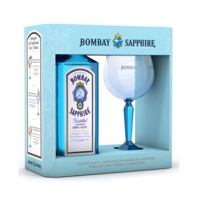Conjunto Bombay Sapphire com garrafa de gin e copo balão em caixa azul