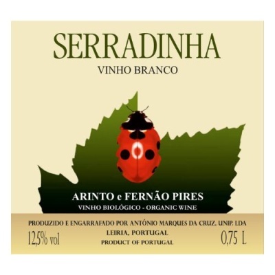 Etiqueta vinho branco Serradinha com folha verde e joaninha
