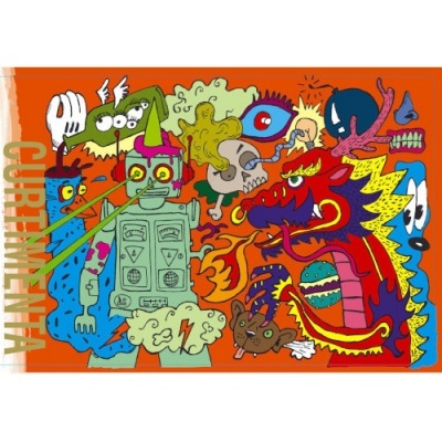 Ilustração psicadélica com figuras fantásticas e cores vibrantes