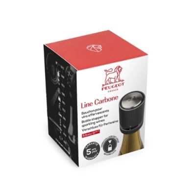Embalação de abridor de garrafas para vinhos espumantes Peugeot Line Carbone com cores vermelha, branca e preta.