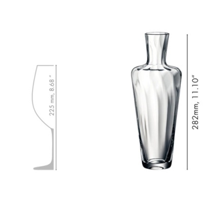 Vaso de vidro transparente com design curvo e medidas ao lado.