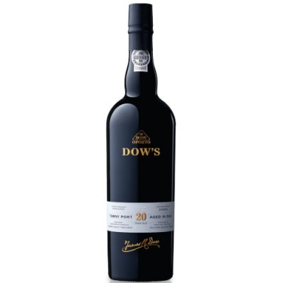 Garrafa preta de vinho do Porto Dow's com rótulo branco e texto