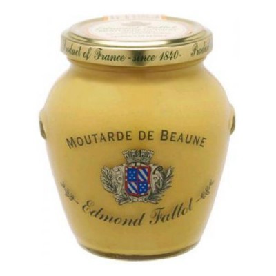 Frasco de mostarda Edmond Fallot amarelo com tampa dourada e rótulo com brasão.