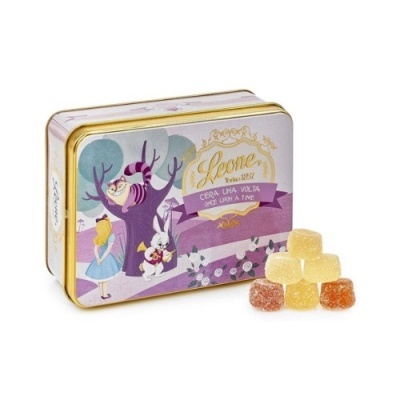 Estojo metálico ilustrado com gomas coloridas