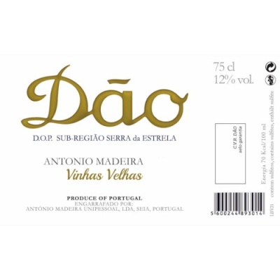 Rótulo branco de vinho Dão com texto dourado e preto