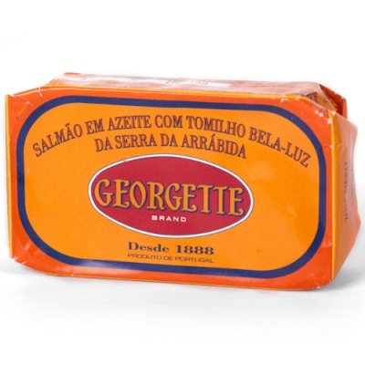 Lata de conserva Georgette de salmão em azeite com tomilho com rótulo laranja