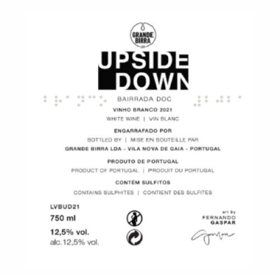 Etiqueta de vinho branco UPSIDE DOWN Grande Birra, informações de vinho e origem
