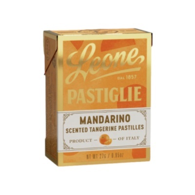 Embalagem de pastilhas mandarino Leone amarela e dourada