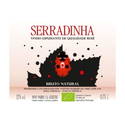 Etiqueta vinho espumante rosé SERRADINHA com joaninha vermelha e folha preta