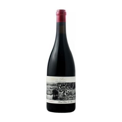 Garrafa de vinho tinto com cápsula vermelha e rótulo ilustrado